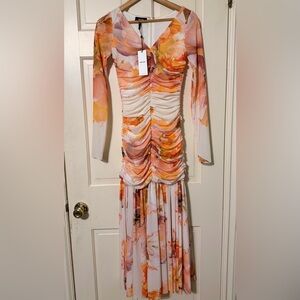 NWT ME+EM Floral Long Sleeve Ruched Dress